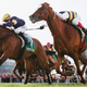Horseback riders racing at the Geelong Cup during the Melbourne Racing event in Melbourne, Australia on October 25, 2017